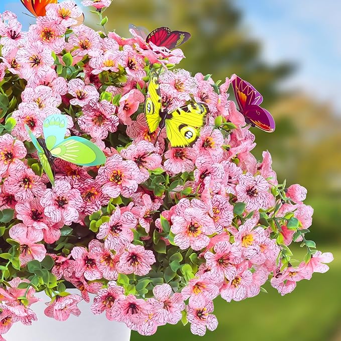 ‌20 Bundles Artificial Flowers for Outdoors‌ with 6 Faux Butterflies, UV Resistant ‌Fake Flowers‌ with Eucalyptus Leaves, ‌Artificial Plants Outdoor‌ for Patio Garden Porch Home Decor (Pink)