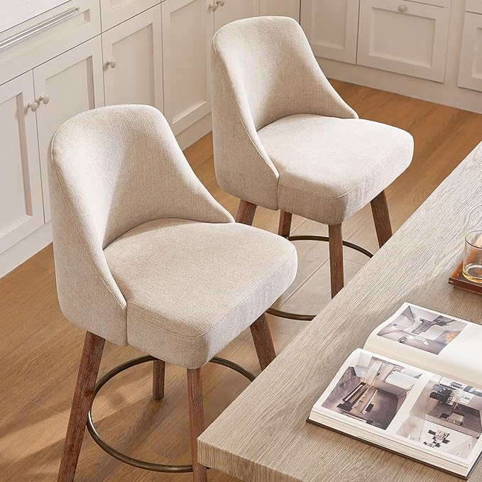 IWOOD Mid Century Modern Counter Height Bar Stools Set of 2,360° Swivel Barstools with Solid Wood Legs,26'' Island Chairs with Wrap-Around Backrest,Sand Linen Comfort Fabric