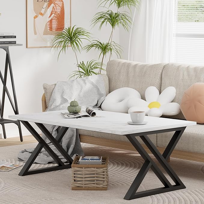Coffee Table White Living Room Center Table, Simple Modern Faux Marble Rectangular Tea Table with Sturdy Black Metal Frame,Industrial Wooden Coffee Table for Bedroom Home Office