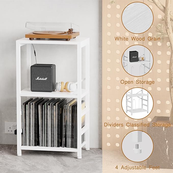 End Table with LED Light,Record Player Stand with Albums Storage,Vinyl Records Storage,Turntable Stand Side Table for Music Room Studio Living Room Bedroom-Rustic White