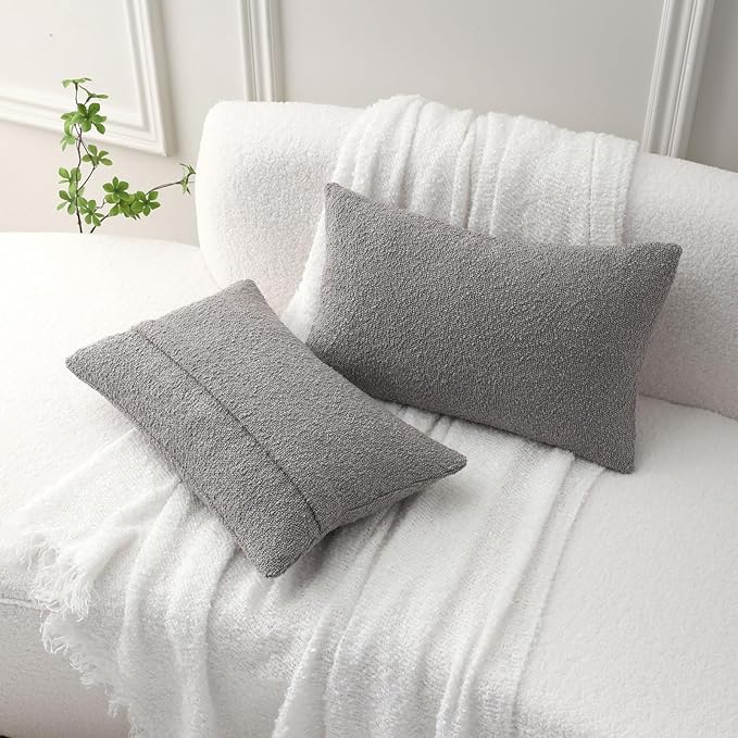 FUTEI Pack of 2 Light Grey Decorative Throw Pillow Covers 12x20 Inch Soft Cozy Solid Boucle Textured Lumbar Pillow Cases,Modern Home Decor for Couch Bed Living Room