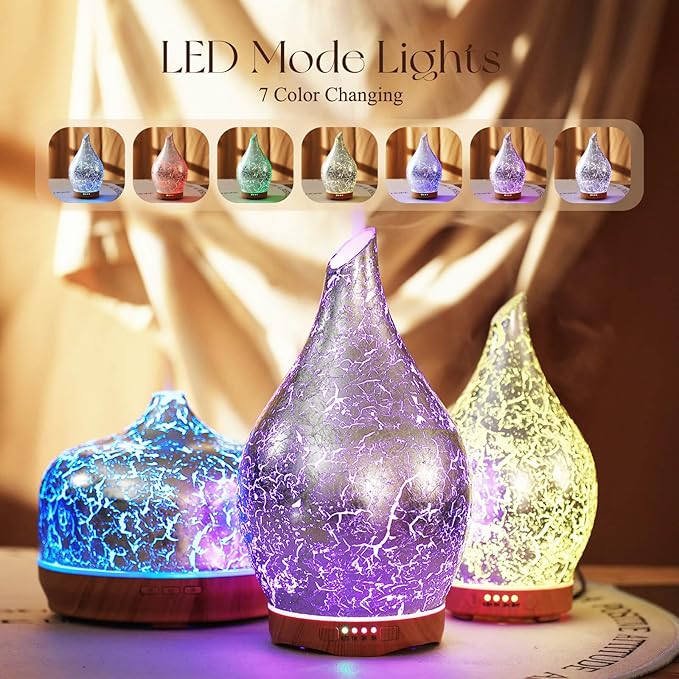 Porseme 280ml Essential Oil Diffuser, 3D Glass Aromatherapy Diffusor, Ultrasonic Cool Mist BPA Free Aroma Humidifier with Timer and Color Changing Function, Waterless Shut-Off for Home Office Room