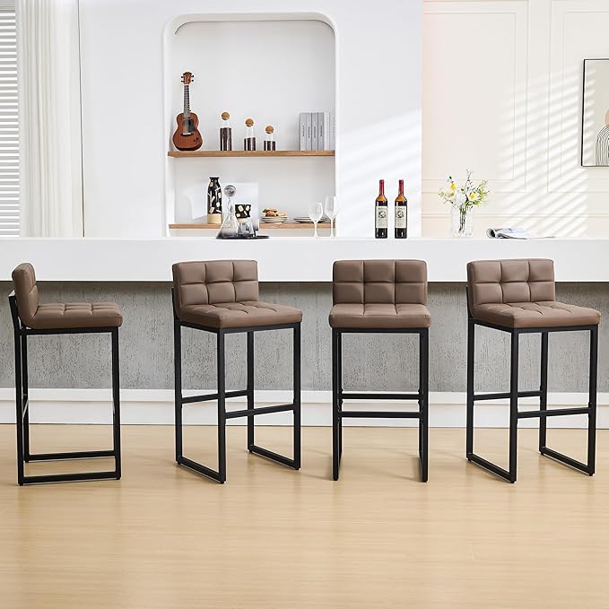 Bar Height Stools Set of 4, Upholstered Barstools with Back and Thickened Metal Frame, Modern 30-inch Tall Bar Chairs for Kitchen Island, Bar, Counter (Coffee Brown, 4Pcs 30" Bar Stools)