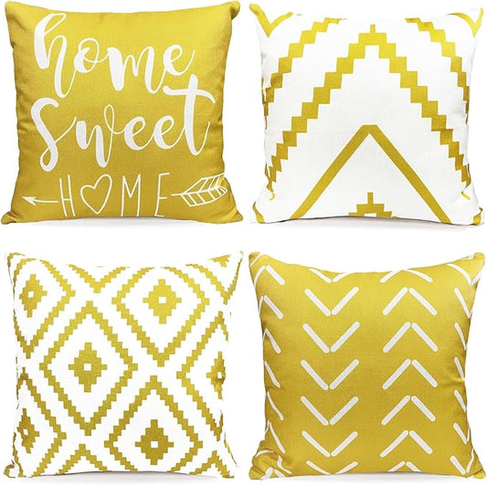 Decorative Throw Pillow Covers Set of 4 Yellow Pillow Covers 22x22 inch Throw Pillow Cases Linen Square Pillow Case,Farmhouse Outdoor Geometric Pillow Covers for Couch Sofa Living Room