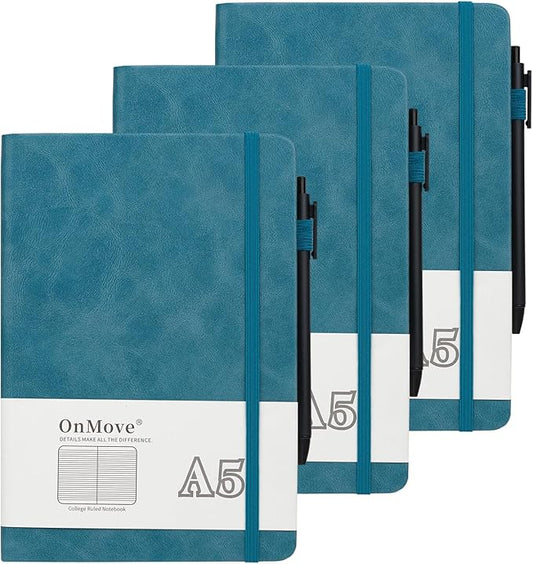 Notebooks Journal for Women Men 3 Pack Bulk Leather Hardcover with Pen Holder A5 160 Pages 100 GSM Thick Paper for Work School Lined Sky Blue