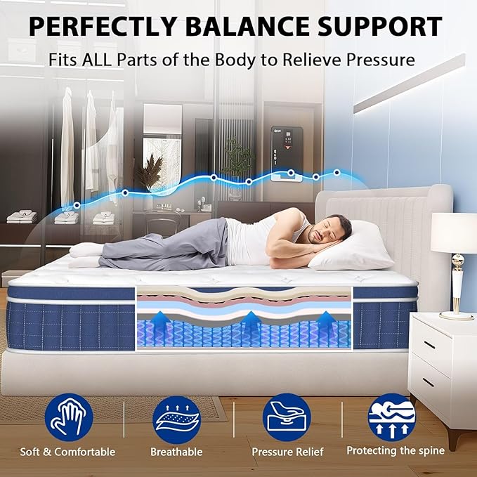King Size Mattress in a Box 14 Inch Hybrid Mattress [Enhanced Stability], Medium Firm Feel with Memory Foam and Pocket Springs, Reinforced Edge Support