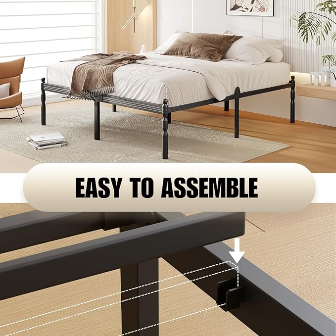 18 Inch King Metal Bed Frame with Mattress Slide Stopper, King Size Platform Bed Frames No Box Spring Needed, Heavy Duty Bedframe, Easy Assembly, Noise Free