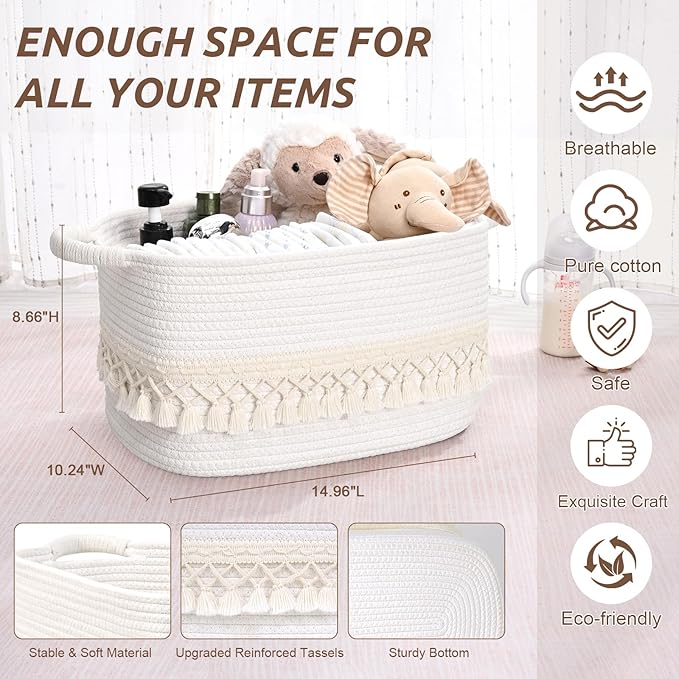 2 Pack Storage Basket for Shelves, Boho Cotton Rope Storage Bins with Heavy Tassel, Shelf Baskets Large Woven Baskets for Organizing, Cube Organizer Bins, Baby Laundry Basket for Clothes, Toys, Pets