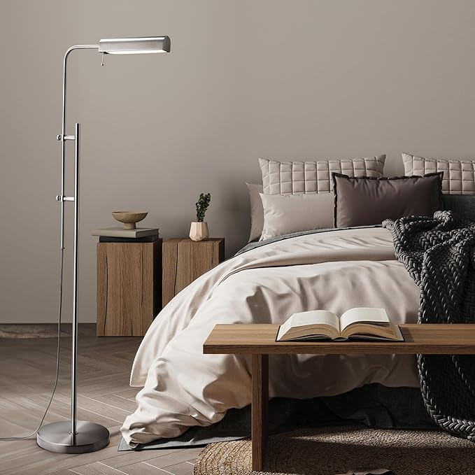 O'Bright Cedric Adjustable Pharmacy Floor Lamp - Industrial Design for Reading, Crafting, Work - 10W LED, Height 45-61 inches - Ideal for Living Room, Bedside, Office - Brushed Nickel