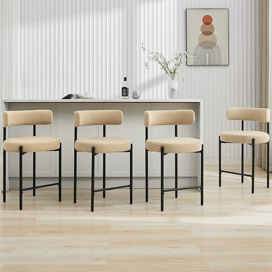 24'' Boucle Bar Stools Set of 4, Beige Bar Stools with Backs, Counter Height Bar Height Stools for Kitchen Island, Upholstered Bar Chairs