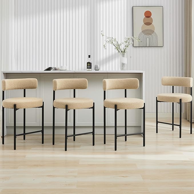24'' Boucle Bar Stools Set of 3, Beige Bar Stools with Backs, Counter Height Bar Height Stools for Kitchen Island, Upholstered Bar Chairs (Beige)