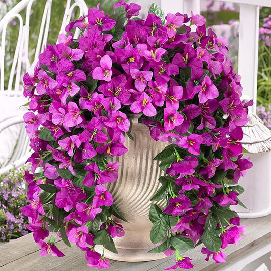 2 pcs Artificial Faux Bougainvillea Flowers Plants for Outdoor Outside Summer Decoration, Fake Silk UV Resistant Long Trailing Vines for Front Door Porch Planter Balcony (Double Lotus)