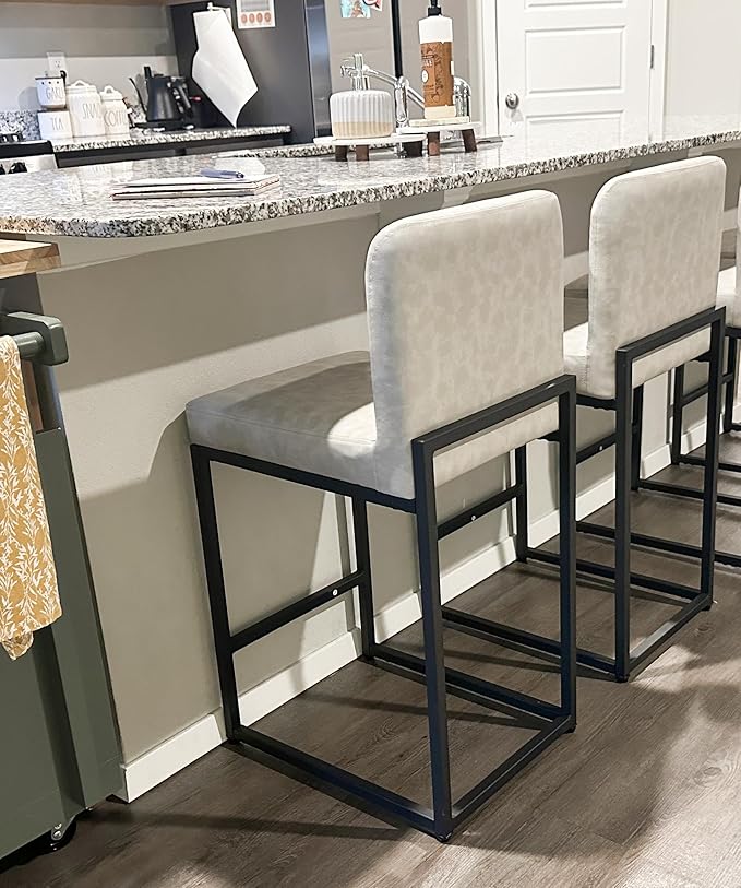 ALPHA HOME 24” Bar Stools Set of 2 Counter Height Bar Stool Pu Leather Kitchen Modern Bar Stools with Backrest Upholstered Footrest Sturdy Chromed Metal Steel Frame,Light Gray