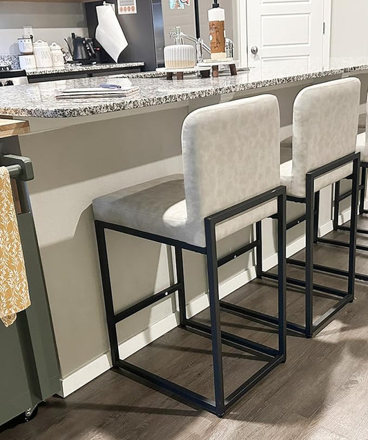 ALPHA HOME 24” Bar Stools Set of 2 Counter Height Bar Stool Pu Leather Kitchen Modern Bar Stools with Backrest Upholstered Footrest Sturdy Chromed Metal Steel Frame,Light Gray