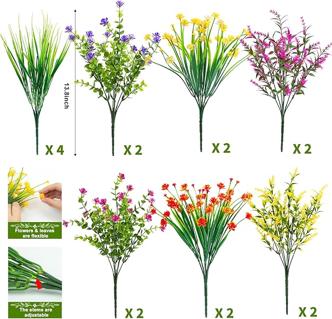 Ouddy Decor 16 Bundles Artificial Flowers for Outdoors Fake Plastic Plants Faux Shrubs Greenery Wheat Grass UV Resistant for Spring Summer Garden Patio Window Box Office Table Kitchen Home Decoration