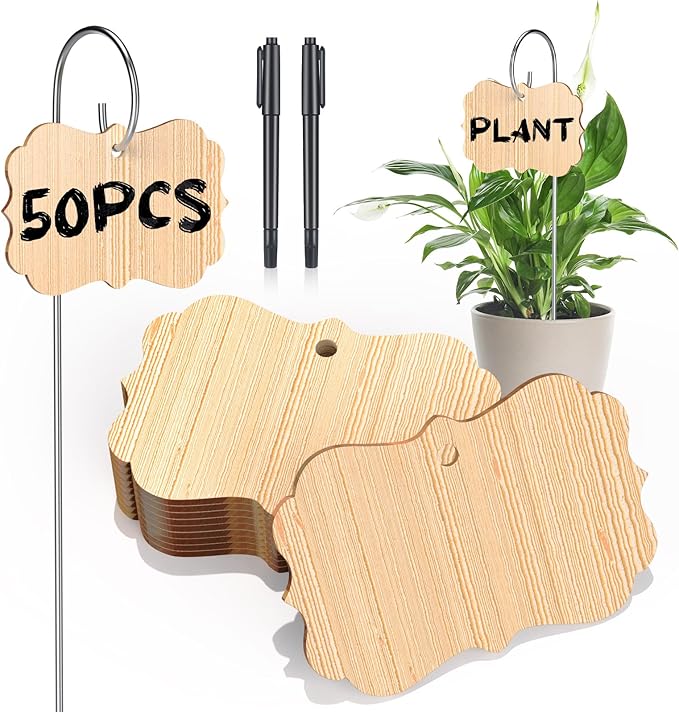 50pcs Bamboo Plant Labels Plant Tags Garden Signs Markers with Stainless Steel Stake and Pen Decorative Wood Garden Labels Plant Sign Tags for Flowers Vegetables Herbs Potted Plants Seed