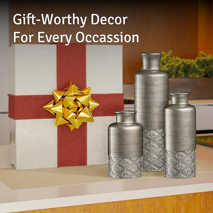 Creative Scents Dublin Silver Vases - Set of 3 Vases for Flowers, Decorative Vases, Farmhouse Decor, Premium Décor, Centerpiece Table Decorations for Your Kitchen, Bedroom, Office, Living Room