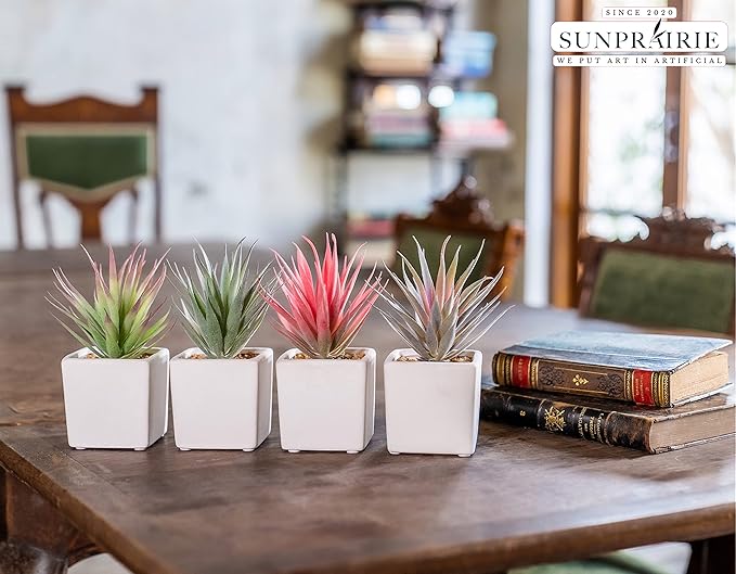 SUNPRAIRIE Classic Set of 4 Faux Succulents 7” Tall in Ivory White Stucco Ceramic Pots-Realistic Multi Colored Artificial Succulents Plants for Home & Office Decor.