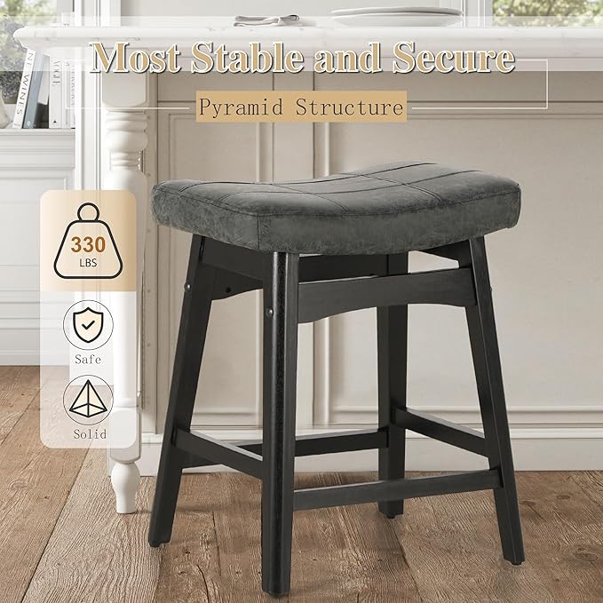 PHI VILLA Counter Height Bar Stools Set of 4 - Farmhouse Barstools with Upholstered Saddle Seat and Solid Wood Legs, Kitchen Counter Island Stools