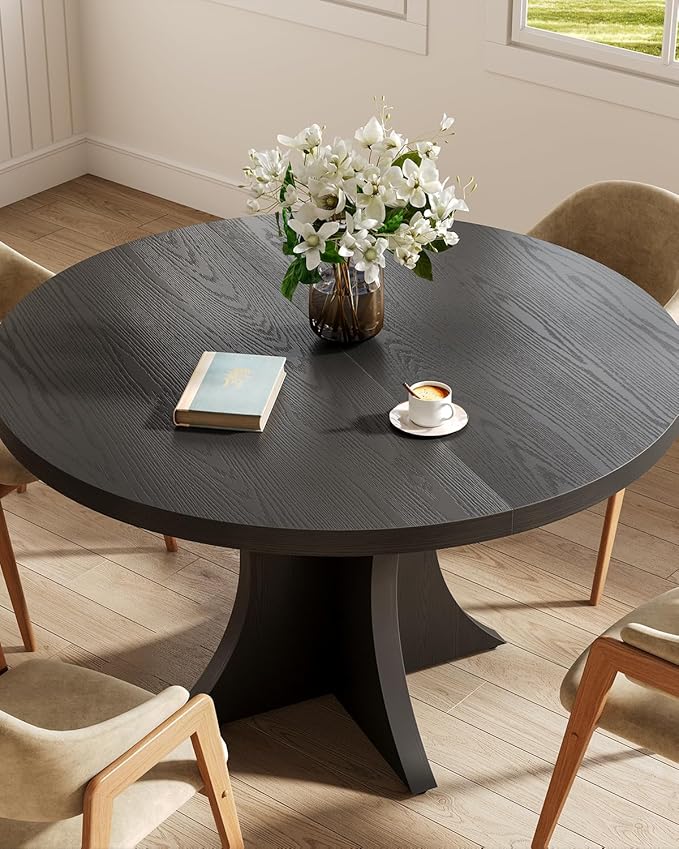 LITTLE TREE Round Dining Table for 4-6, 47.24 Inches Farmhouse Wooden Kitchen Table with Spacious Tabletop for Dining Room, Black