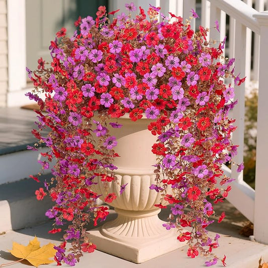 Fall Flowers Artificial for Decoration,Artificial Flowers for Outdoors,Autumn Fake Plants Home Decor Thanksgiving Realistic Silk Daisy,Fall Leaves UV Resistant Garden Courtyard Patio (Red Purple)