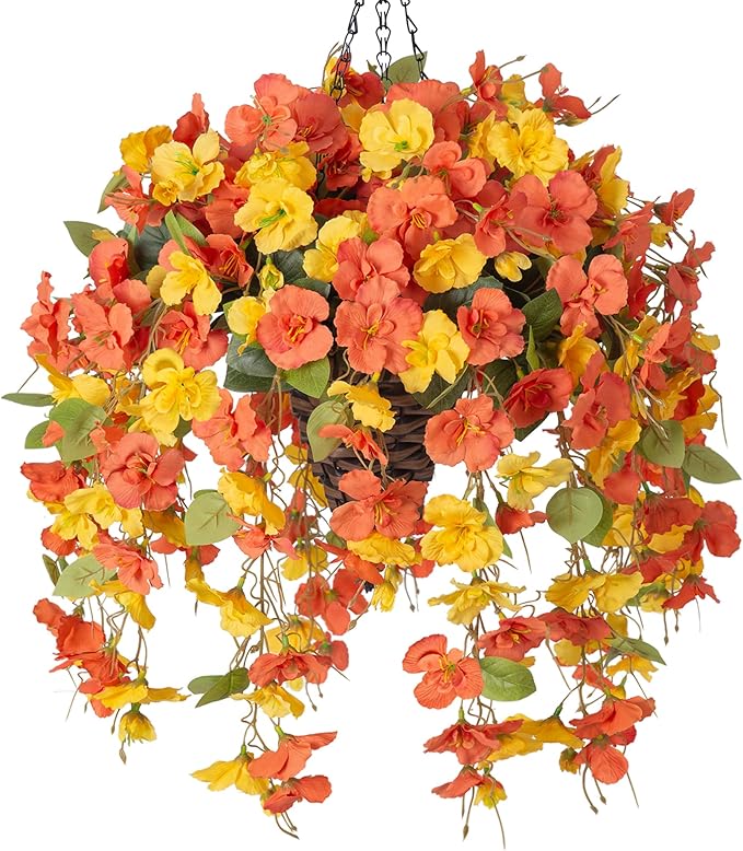 Artificial Fake Fall Hanging Flowers Plants Baskets for Outdoor Decoration, 5Pcs Faux Silk Hibiscus Long Vines in Planter Look Real for Outside Home Porch Patio Garden (YellowOrange)