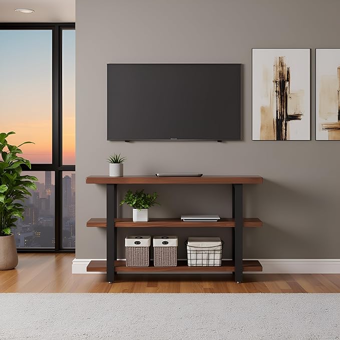 Alaterre Furniture Pomona 48" Solid Pine Wood Media Console Table with 2 Open Shelves and Metal Legs - 3-Tier Storage Display and Rustic Industrial Accent Furniture in Natural Finish