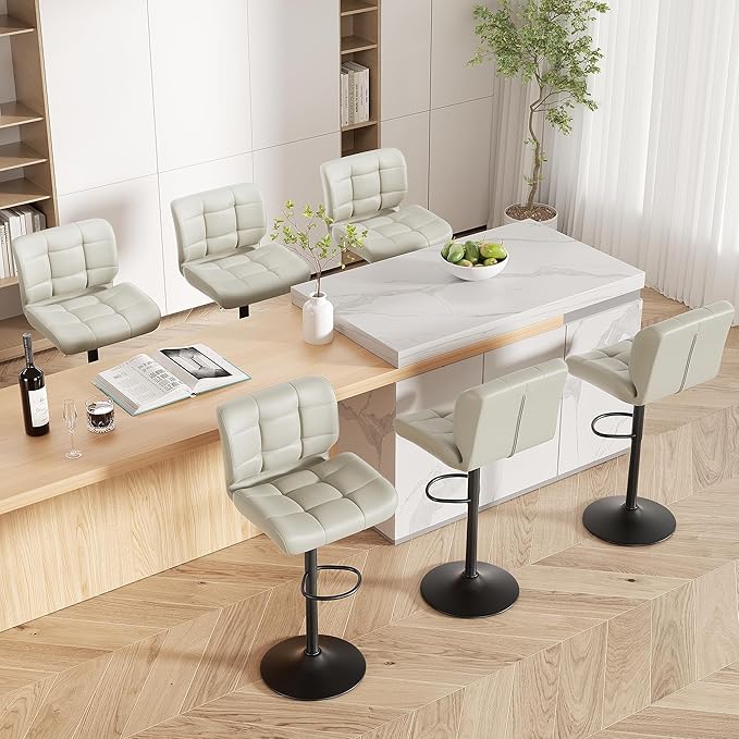 Modern Bar Stools Set of 6, Faux Leather Upholstered Swivel Bar Stools, Adjustable Counter Height Bar Chairs with High Back and Footrest for Kitchen Island (Khaki)