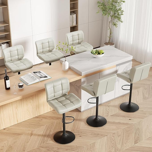 Modern Bar Stools Set of 6, Faux Leather Upholstered Swivel Bar Stools, Adjustable Counter Height Bar Chairs with High Back and Footrest for Kitchen Island (Khaki)
