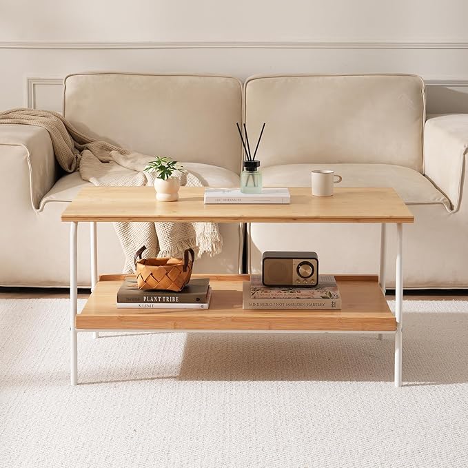 Coffee Table with 2 Tier Storage- Mid Century Modern Center Table, Farmhouse Bamboo Coffee Tables, Small Tea Tables for Living Room, Bedroom, Office, Patio (Natural)