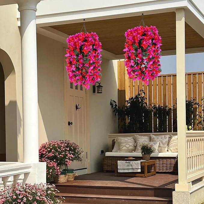 Artificial Bougainvillea Flowers for Outdoor Plant,4 pcs Faux Hanging Flowers Bougainvillea for Outside Decoration,Fake Silk UV Resistant Vines for Front Door Porch(Rose red+Fuchsia)