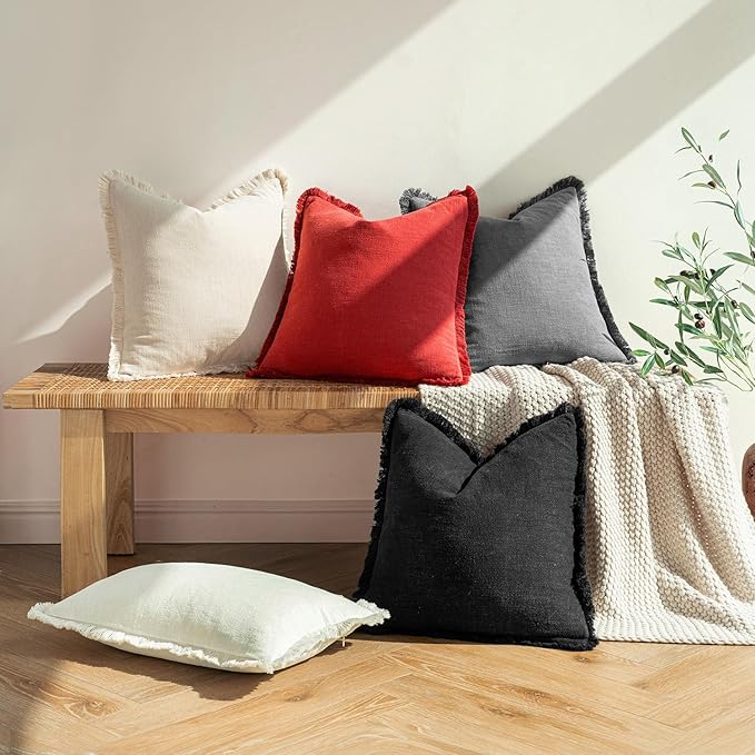 MIULEE Christmas Decorative Throw Pillow Covers Neutral Linen Fringe Throw Pillows Set of 2 Red Boho Farmhouse Cushion Covers with Tassels for Couch Sofa Bed Living Room Spring Home Decor 20x20 Inch