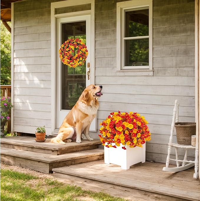 Artificial Fall Flowers for Outdoor, Fake Petunias Plants, Faux Flower, Fake Mums, 4PCS Fall Outdoor Decoration, UV Resistant, Silk Morning Glorias, for Home Garden Porch Planter (Golden Autumn)