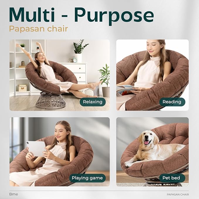 Bme 40" Ergonomic Wicker Papasan Chair with Soft Thick Cushion & Frame, 360° Swivel, Circle, Reading, Comfy Chair for Living Room, Bedroom
