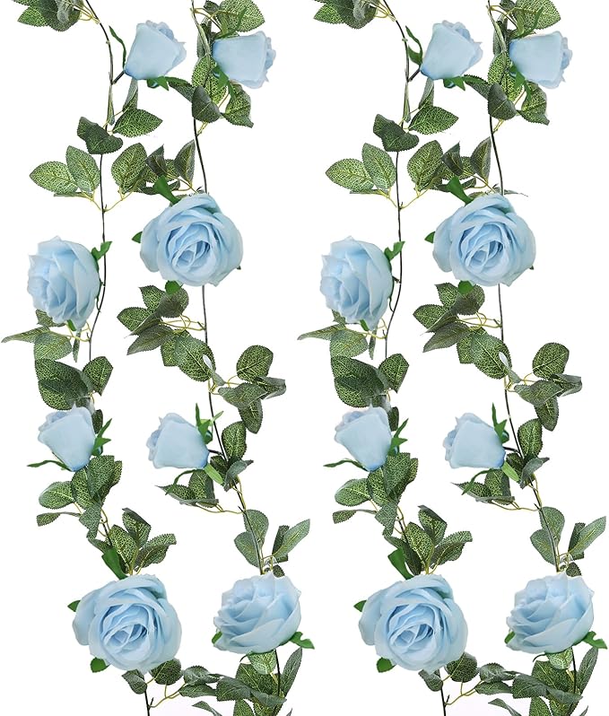 Felice Arts 2 Pack Light Blue Artificial Floral Garland Each 6.5FT Fake Rose Vine Hanging Rose Garland for Wedding Flowers Table Centerpiece Arrangement Room Baby Shower Teepee Mirror Decor