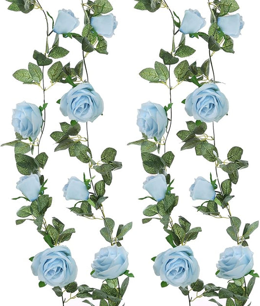 Felice Arts 2 Pack Light Blue Artificial Floral Garland Each 6.5FT Fake Rose Vine Hanging Rose Garland for Wedding Flowers Table Centerpiece Arrangement Room Baby Shower Teepee Mirror Decor