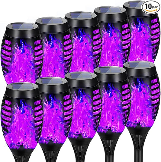 Solar Lights Outdoor Halloween Decorations, Upgraded 10 Pack Purple Solar Torch Lights with Flickering Flame, Waterproof Halloween Lights Outdoor, Tiki Torches for Outside Patio Pathway Decor