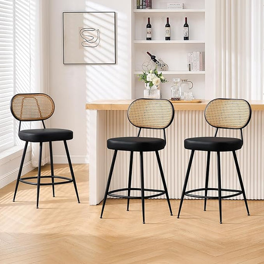 BFZ Bar Stools Set of 3, 26" Counter Height Barstools with Rattan Back and Metal Legs, Upholstered Faux Leather Bar Chairs for Kitchen Island, Home Bar, Black