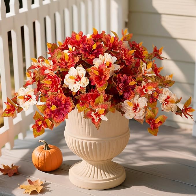 Fake Fall Flowers Artificial for Outdoors Decoration, 2PCS Faux Fall Flowers for Outdoor Planters, Autumn Hibiscus UV Resistant No Fade for Home Porch Patio Garden Balcony Yard Indoor Decor