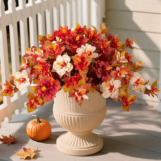 Fake Fall Flowers Artificial for Outdoors Decoration, 2PCS Faux Fall Flowers for Outdoor Planters, Autumn Hibiscus UV Resistant No Fade for Home Porch Patio Garden Balcony Yard Indoor Decor