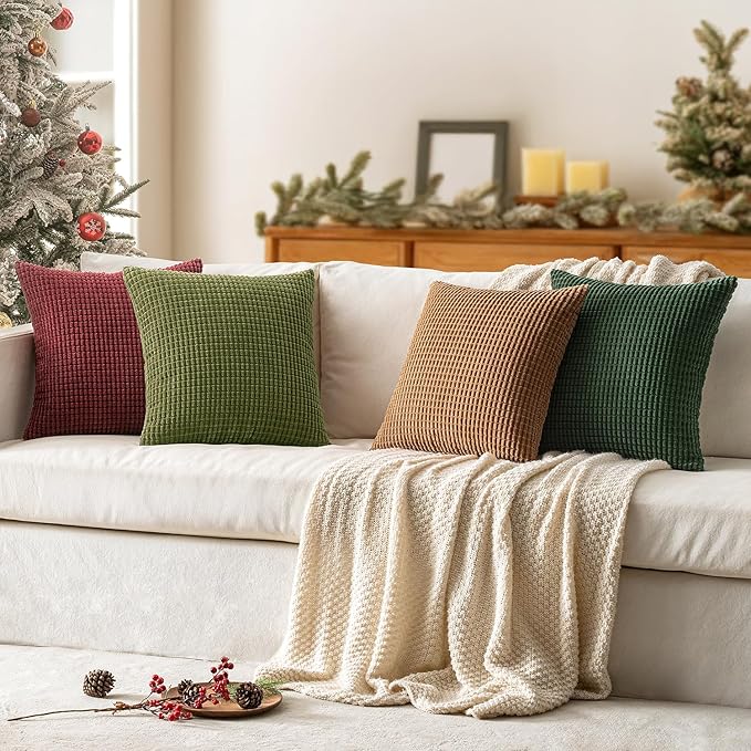 MIULEE Modern Farmhouse Decorative Pillow Covers 18x18 Inch Set of 4 Natural Rustic Throw Pillows Neutral Warm Soft Corduroy Couch Pillowcases Home Decor for Sofa Living Room Bed Christmas Green