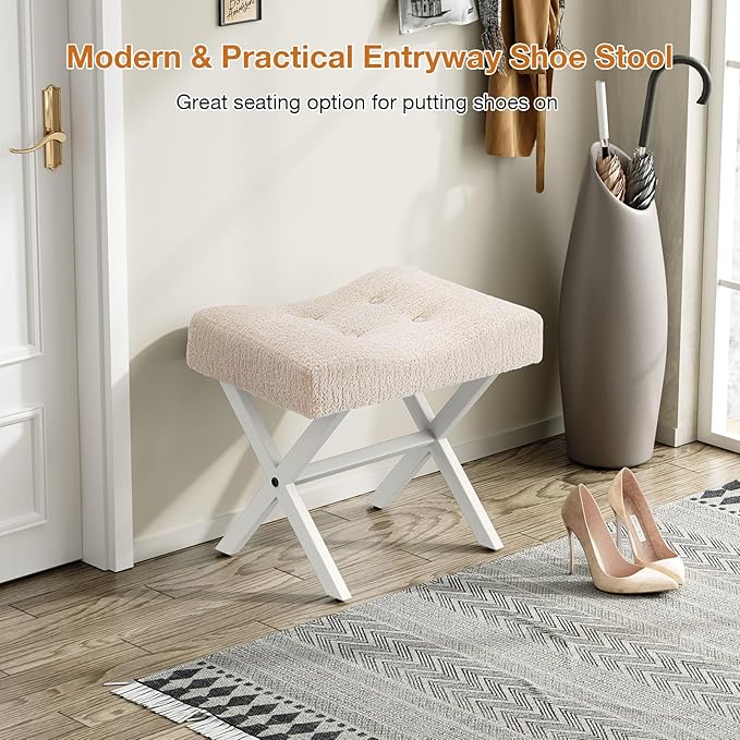 18-Inch Large Vanity Stool Chair, Vanity Bench with Metal X-Legs, Ottoman Accent Stool with Breathable and Soft Boucle Fabric Saddle Seat, Beige