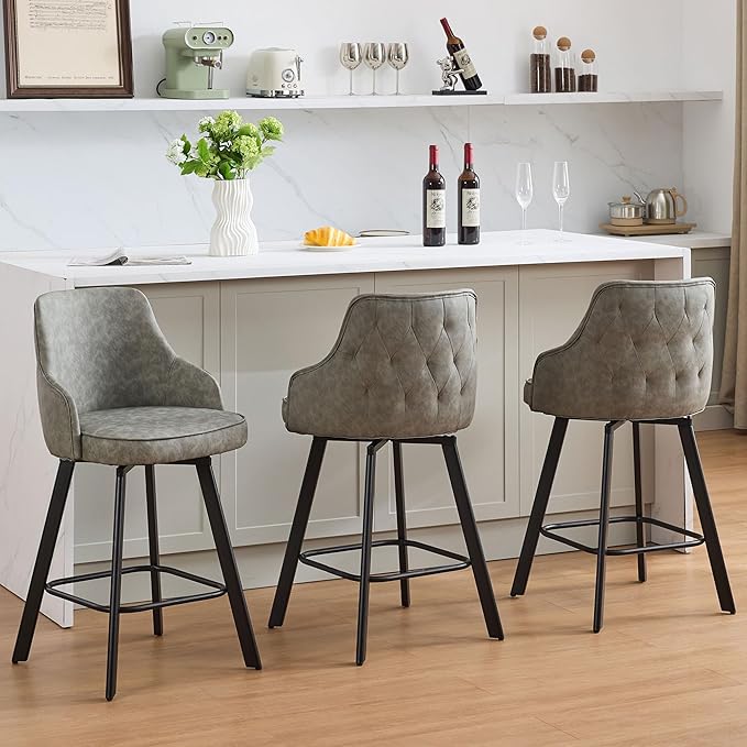 Bar Stools Set of 3, 26" Swivel Counter Height Bar stools with High Back, Faux Leather Kitchen Barstools Counter Height for Kitchen Island (Light Grey, 3PCS 26" Counter Stools)