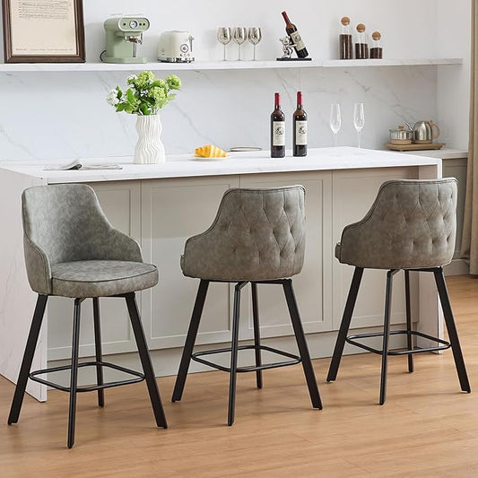 Bar Stools Set of 3, 26" Swivel Counter Height Bar stools with High Back, Faux Leather Kitchen Barstools Counter Height for Kitchen Island (Light Grey, 3PCS 26" Counter Stools)
