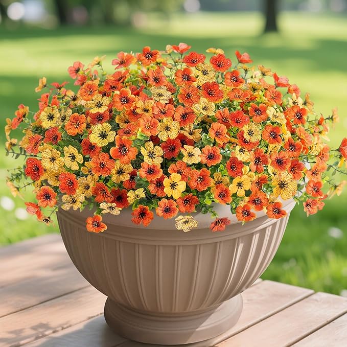 Fall Mums Artificial Flowers for Outdoors Potted, 12 Bundles Fake Fall Daisy Flower with Realistic Eucalyptus Leaves, Fake Plants for Greenery Boxwood Porch Patio Garden Pot Lawn(Yellow Orange)