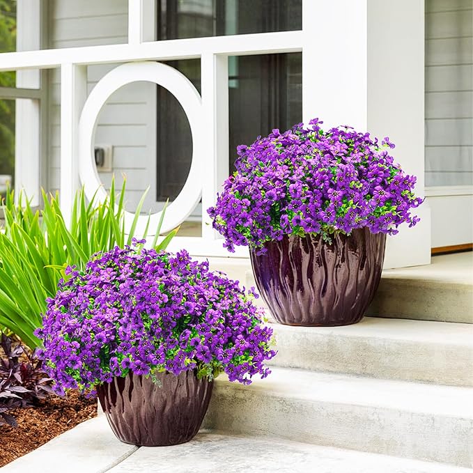 24 Bundles Artificial Flowers for Outdoors & Indoors – UV Resistant Faux Plastic Plants for Garden, Patio, Porch, Window Box, Home Decor – Lush & Vibrant Fake Flowers, Purple