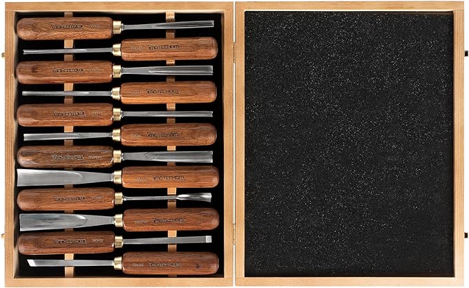 12-Pieces Woodworking Wood Carving Tools Chisel Set with Wooden Box, Razor Sharp CR-V 60 Steel Blades