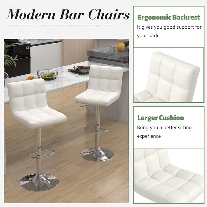 Modern Counter Height Bar Stools Set of 6, Armless Adjustable Swivel Square Bar Chairs Kitchen Barstools with PU Leather and Large Base for Dining Room/Island(White)