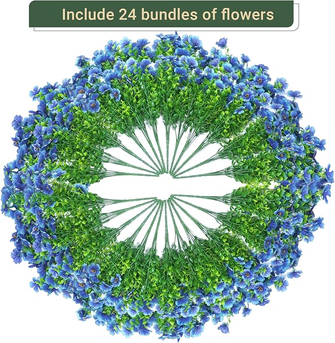24 Bundles Artificial Flowers for Outdoors & Indoors – UV Resistant Faux Plastic Plants for Garden, Patio, Porch, Window Box, Home Decor – Lush & Vibrant Fake Flowers, Blue