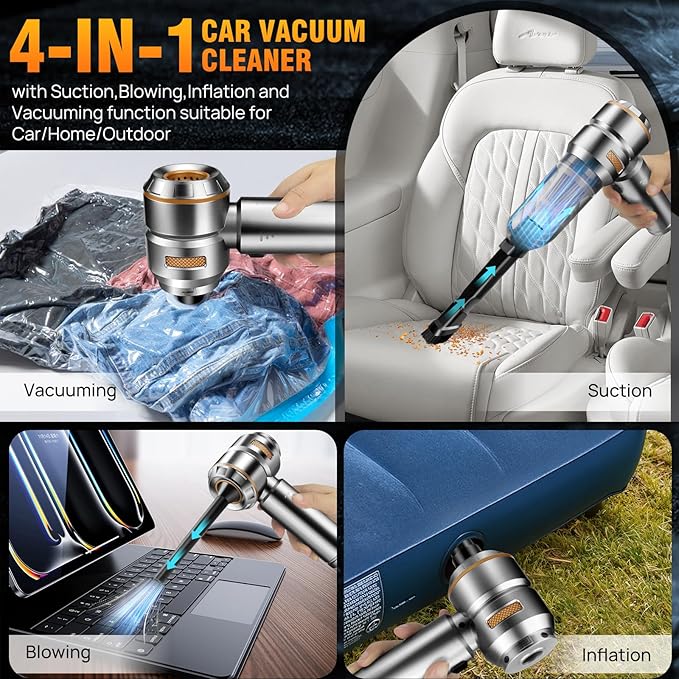Mini Car Vacuum Cleaner,20000PA 4-in-1 Cordless Handheld Vacuum Cleaner with 6000mAh Battery Brushless Motor Hand Held Vacuum Air Duster & Air Blower & Pump for Car,Office and Home Cleaning